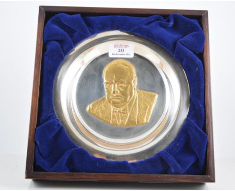 The Churchill Centenary Trust Plate, silver plate with a gilt relief portrait, diameter 20cm and a display box.