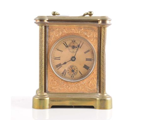 Brass cased carriage type clock, spring driven movement, 15cm and another in a nickel plated case, (2).