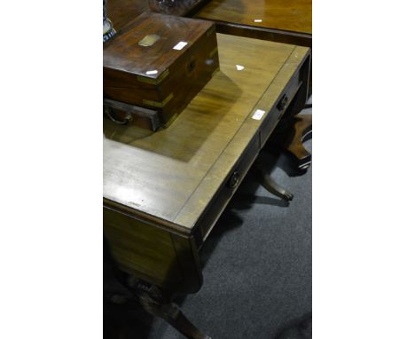 Reproduction mahogany sofa table, D shape leaves, crossbanding and stringing, fitted with two frieze drawers, lyre shape ends