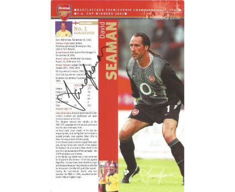 Football David Seaman signed 8x6 signed Arsenal promo card. David Andrew Seaman, MBE (born 19 September 1963) is an English f