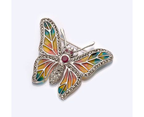 Jugendstil-Brosche 'Schmetterling' mit Plique a-jour und Markasiten,   925er Silber, Flügelmit Fensteremail in Grün, Gelb und