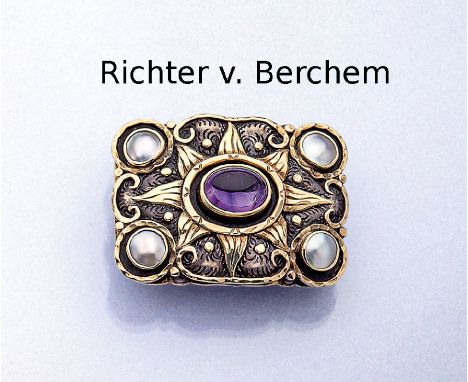 RICHTER von BERCHEM Brosche mit Amethyst und Perlen,   um 1938/40, GG 585/000 und Silber, geb. 1892, gest. 1960, 1906 und fol