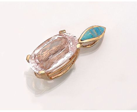 14 kt Gold Kunzit-Opal-Anhänger,   GG 585/ 000, Öse mit Opal-Doubletten, bewegl. oval- facett. Kunzit-Abhängung ca. 28.00 ct,