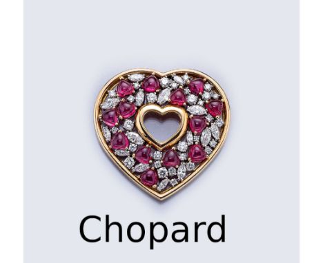 18 kt Gold CHOPARD Herzanhänger mit Diamanten und Turmalinen,   GG 750/000, 13 herzf. Rubellitcabochons zus. ca. 0.17 ct, 15 