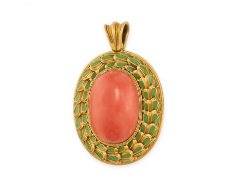NO RESERVE -&nbsp;A VICTORIAN CORAL AND ENAMEL LOCKET PENDANT, 1870S, designed in the Etruscan revival style, set with a cora