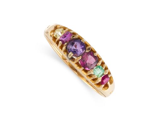 NO RESERVE -&nbsp;AN ANTIQUE VICTORIAN GEM SET REGARD RING, 1871 in 18ct yellow gold, the band half set with a row of graduat