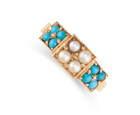NO RESERVE -&nbsp;AN ANTIQUE VICTORIAN TURQUOISE AND PEARL RING, 1900 in 15ct yellow gold, formed of three square clusters, e