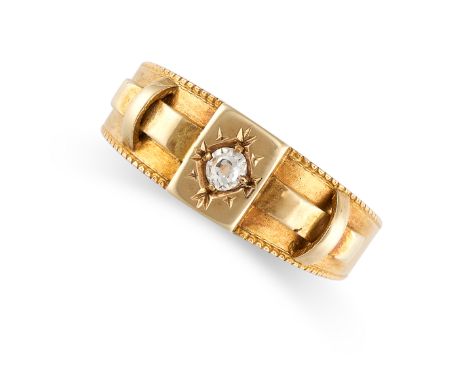 NO RESERVE -&nbsp;AN ANTIQUE VICTORIAN DIAMOND DRESS RING, 1883 in 18ct yellow gold, the band designed with buckle motifs, ce