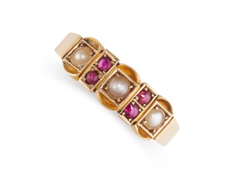 NO RESERVE -&nbsp;AN ANTIQUE VICTORIAN RUBY AND PEARL RING, 1893 in 15ct yellow gold, the band set with a trio of pearls, pun