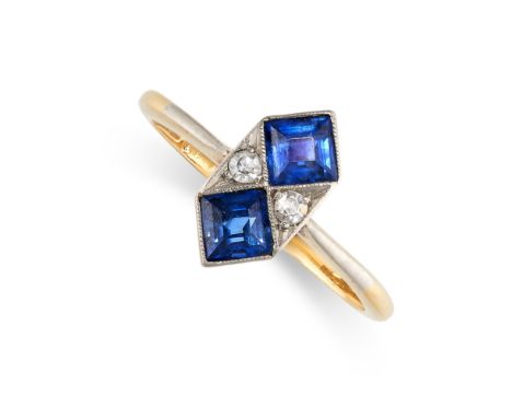 NO RESERVE -&nbsp;AN ART DECO SAPPHIRE AND DIAMOND RING in 18ct yellow gold and platinum, the hexagonal face set with two squ