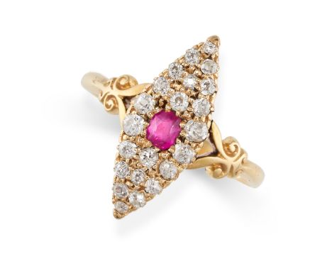 NO RESERVE -&nbsp;AN ANTIQUE RUBY AND DIAMOND RING, 1911 in 18ct yellow gold, the navette shaped face set with a central cush