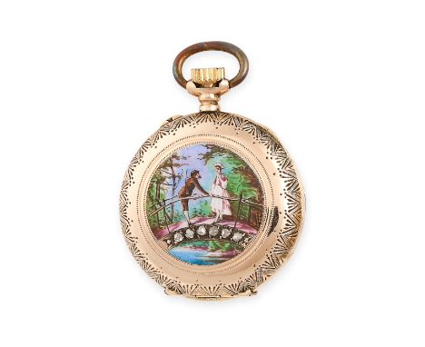 NO RESERVE -&nbsp;AN ANTIQUE DIAMOND AND ENAMEL POCKET WATCH in 18ct yellow gold, the circular white dial with blue Arabic nu