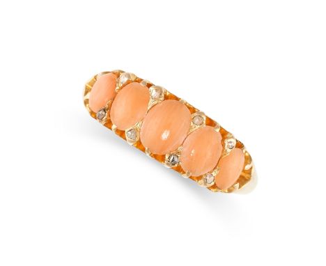 NO RESERVE -&nbsp;AN ANTIQUE VICTORIAN CORAL AND DIAMOND RING, 1871 in 18ct yellow gold, set with a row of five graduated ova