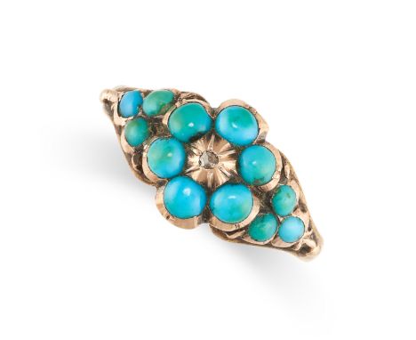 NO RESERVE -&nbsp;AN ANTIQUE VICTORIAN TURQUOISE AND DIAMOND RING, 19TH CENTURY in yellow gold, designed to depict a forget-m