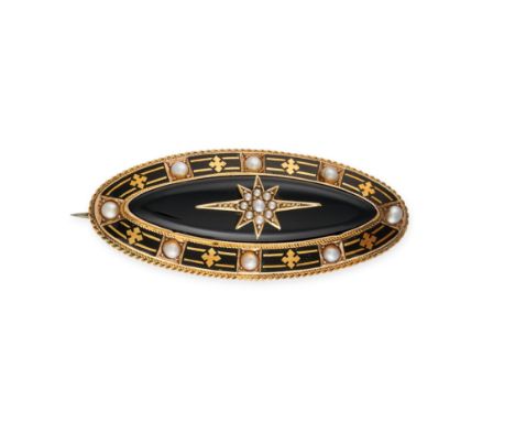 NO RESERVE -&nbsp;AN ANTIQUE ONYX, PEARL AND ENAMEL MOURNING LOCKET BROOCH, 19TH CENTURY in yellow gold, the oval body set wi