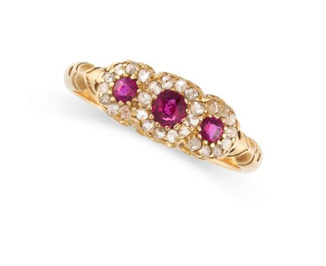 NO RESERVE -&nbsp;AN ANTIQUE RUBY AND DIAMOND DRESS RING, CIRCA 1910 in 18ct yellow gold, set with a trio of graduated cushio