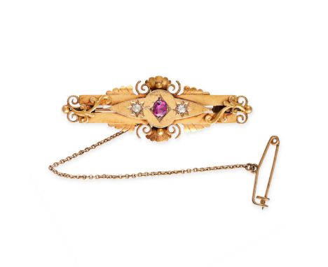 NO RESERVE -&nbsp;AN ANTIQUE EDWARDIAN RUBY AND DIAMOND BROOCH, 1906 in 15ct yellow gold, set with a cushion cut ruby between