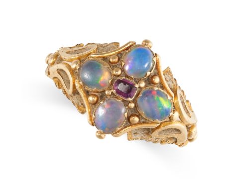 NO RESERVE -&nbsp;AN ANTIQUE VICTORIAN GARNET AND OPAL RING, 19TH CENTURY in yellow gold, set with a cushion shaped garnet wi