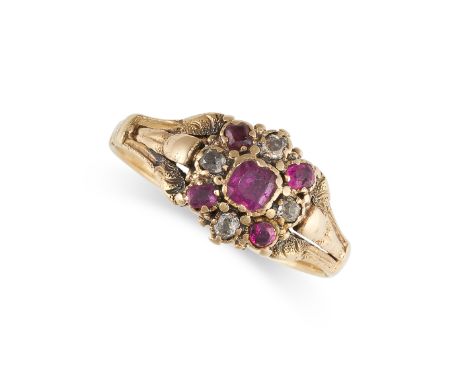 NO RESERVE -&nbsp;AN ANTIQUE RUBY AND DIAMOND DRESS RING, 19TH CENTURY in yellow gold, set with five cushion cut rubies accen