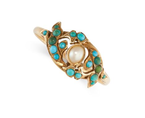 NO RESERVE -&nbsp;AN ANTIQUE PEARL AND TURQUOISE DRESS RING in yellow gold, the band set with a pearl within a foliate border