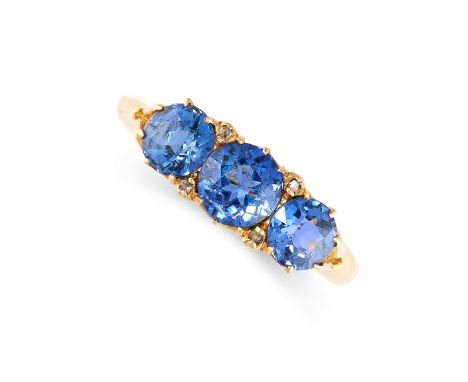 NO RESERVE -&nbsp;AN ANTIQUE SAPPHIRE AND DIAMOND RING, 1911 in 18ct yellow gold, set with a trio of graduated round cut blue