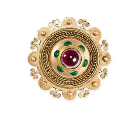 NO RESERVE -&nbsp;AN ANTIQUE GARNET AND ENAMEL BROOCH, 1870S in 15 carat gold, designed in the Etruscan revival style, formed