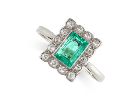 NO RESERVE -&nbsp;A VINTAGE EMERALD AND DIAMOND RING, CIRCA 1950 in 18ct gold and platinum, set with a rectangular step cut e