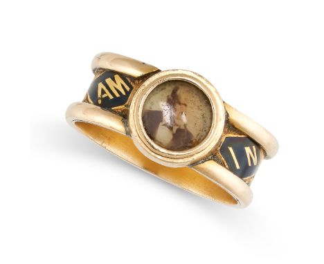 NO RESERVE -&nbsp;AN ANTIQUE VICTORIAN PORTRAIT MINIATURE AND ENAMEL MOURNING LOCKET RING, 1865 in 18ct yellow gold, the band