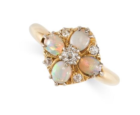 NO RESERVE -&nbsp;AN ANTIQUE OPAL AND DIAMOND DRESS RING in 18ct yellow gold, set with four oval cabochon opals in quatrefoil