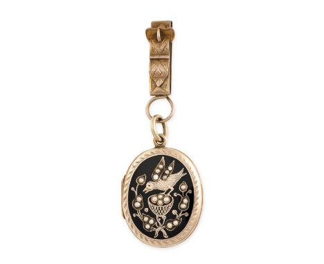 NO RESERVE -&nbsp;AN ANTIQUE PEARL AND ENAMEL MOURNING LOCKET PENDANT in yellow gold, the hinged oval body decorated to the f