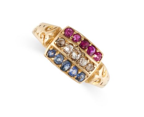 NO RESERVE -&nbsp;AN ANTIQUE EDWARDIAN RUBY, DIAMOND AND SAPPHIRE RING, 1903 in 18ct yellow gold, the face set with three row