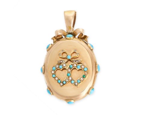 NO RESERVE -&nbsp;AN ANTIQUE TURQUOISE AND PEARL LOCKET PENDANT, 19TH CENTURY in yellow gold, the oval body applied to the fr