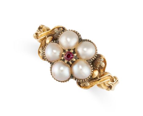 NO RESERVE -&nbsp;AN ANTIQUE RUBY, PEARL AND HAIRWORK MOURNING LOCKET RING, 19TH CENTURY in yellow gold, designed as a flower