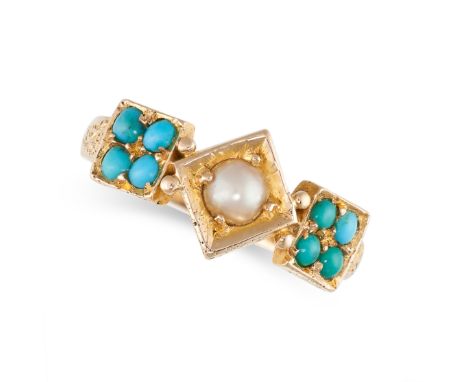 NO RESERVE -&nbsp;AN ANTIQUE VICTORIAN TURQUOISE AND PEARL RING, 1874 in 15ct yellow gold, set with a central pearl between t