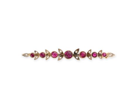 NO RESERVE -&nbsp;AN ANTIQUE RUBY AND DIAMOND BAR BROOCH in yellow gold and silver, set with seven graduated round cut rubies