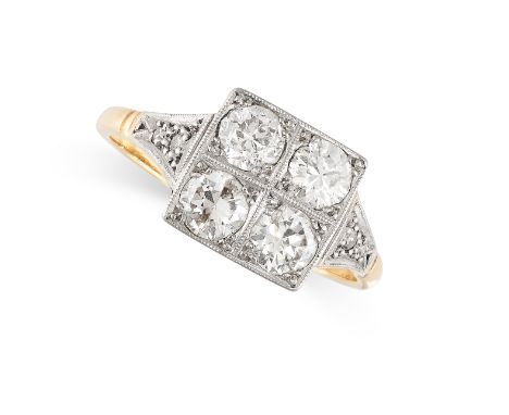 NO RESERVE -&nbsp;AN ART DECO DIAMOND DRESS RING in 18ct yellow gold and platinum, the square face set with four old cut diam