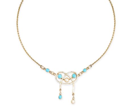 NO RESERVE -&nbsp;AN ANTIQUE TURQUOISE, PEARL, DIAMOND AND ENAMEL PENDANT NECKLACE in 18ct yellow gold, the scrolling body de