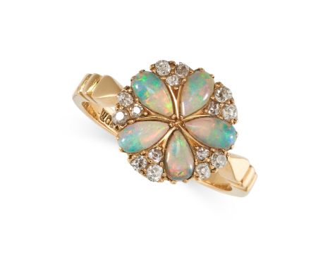 NO RESERVE -&nbsp;AN ANTIQUE OPAL AND DIAMOND RING, 1910 in 18ct yellow gold, the circular face set with five pear shaped cab