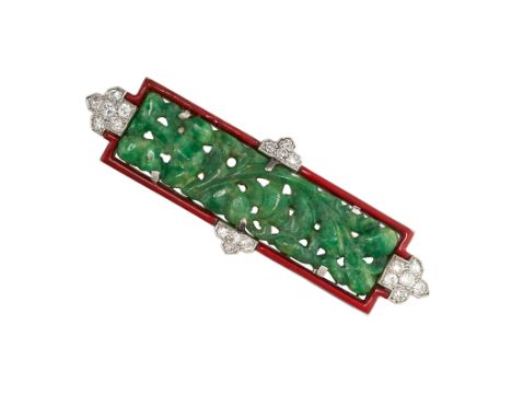 NO RESERVE -&nbsp;AN ART DECO JADEITE JADE, DIAMOND AND LACQUER BROOCH, CARTIER set with a carved piece of jadeite of foliate