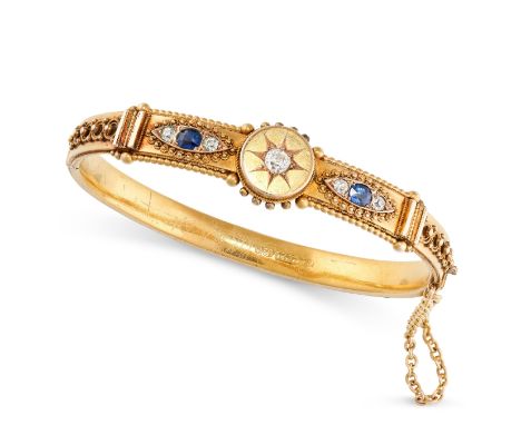 NO RESERVE -&nbsp;A VICTORIAN 15 CARAT GOLD, SAPPHIRE AND DIAMOND BANGLE, of hinged design with beaded and rope twist decorat