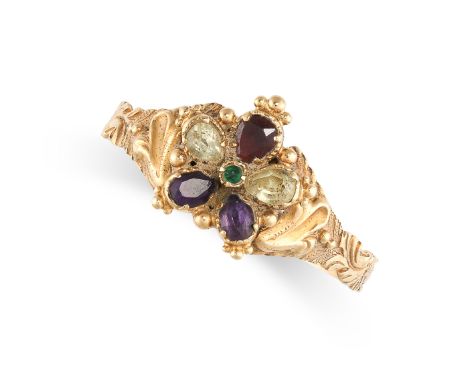 NO RESERVE -&nbsp;AN ANTIQUE GARNET, CHRYSOLITE, AMETHYST AND EMERALD RING, 19TH CENTURY in yellow gold, designed as a flower