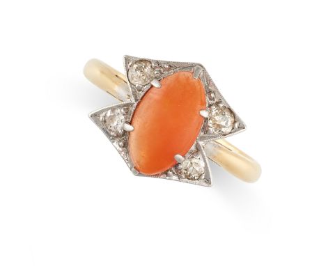 NO RESERVE -&nbsp;A FIRE OPAL AND DIAMOND RING in 18ct yellow gold and platinum, set with an oval cabochon fire opal, accente