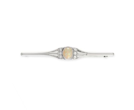 NO RESERVE -&nbsp;AN OPAL AND DIAMOND BAR BROOCH in platinum and 9ct gold, the tapering body set with an oval cabochon opal b