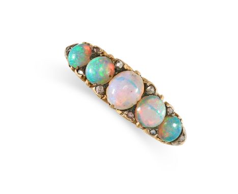 NO RESERVE -&nbsp;AN ANTIQUE OPAL AND DIAMOND RING in 18ct yellow gold, set with a row of five graduated oval cabochon opals,