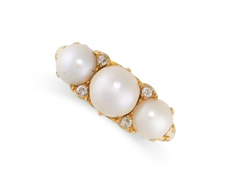 NO RESERVE -&nbsp;AN ANTIQUE PEARL AND DIAMOND RING, 1911 in 18ct yellow gold, set with a trio of graduated half pearls of 7.