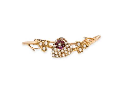 NO RESERVE -&nbsp;AN ANTIQUE PEARL, RUBY AND DIAMOND BROOCH in 15ct yellow gold, designed as a heart between two leaves, set 