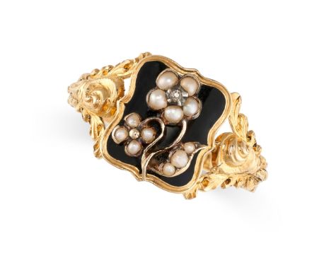 NO RESERVE -&nbsp;AN ANTIQUE WILLIAM IV PEARL AND ENAMEL MOURNING LOCKET RING, 1836 in 18ct yellow gold, the shield shaped fa