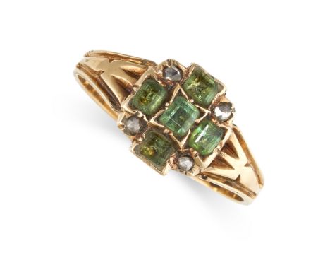 NO RESERVE -&nbsp;AN ANTIQUE VICTORIAN EMERALD AND DIAMOND RING, 1868 in 18ct yellow gold, the face set with five step cut em