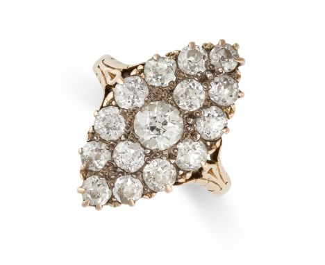 NO RESERVE -&nbsp;AN ANTIQUE DIAMOND DRESS RING in 18ct yellow gold, the navette shaped face set with old cut diamonds, the d