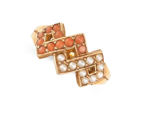 NO RESERVE -&nbsp;AN ANTIQUE VICTORIAAN CORAL AND PEARL RING 1875 in 15ct yellow gold, the zig zag face set with round caboch